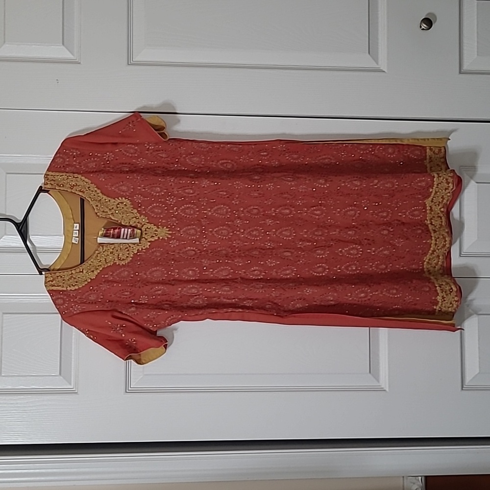 Coral & Gold Ceremonial Embroidered Dress Handmade in India, Size XL, NEW w/Tag